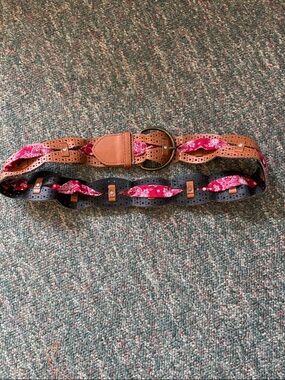Braided Brown Leather Belt with Pink Bandana Accent